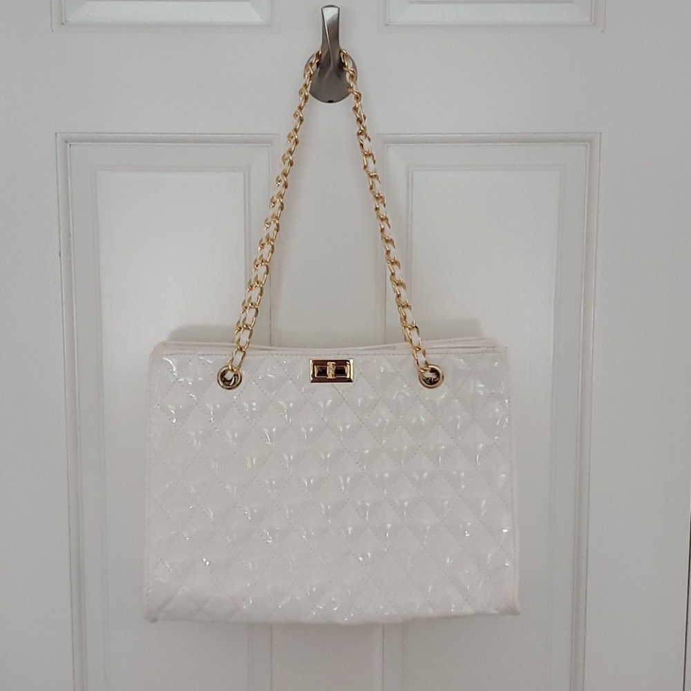 White Quilted Patent Leather Shoulder Bag